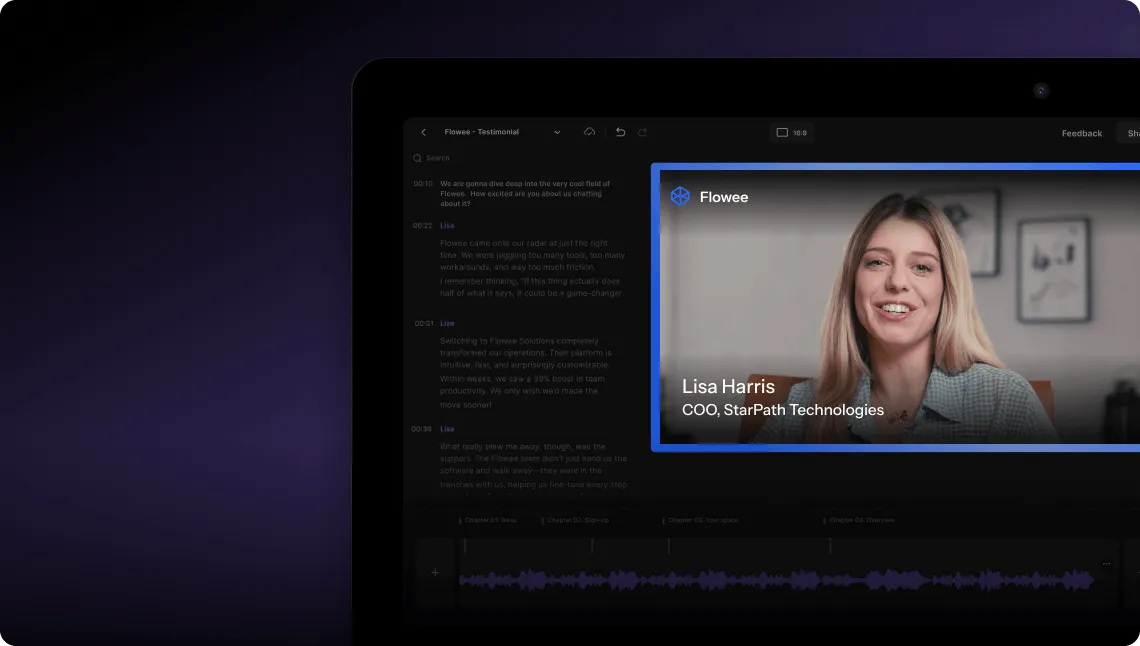 Tablet screen showing a video testimonial of Lisa Harris, COO of StarPath Technologies, within the Flowee application interface.